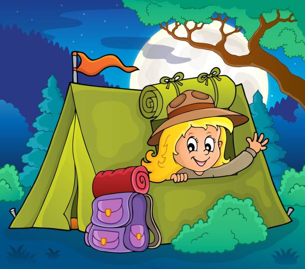 Scout girl in tent theme 4 - eps10 vector illustration.